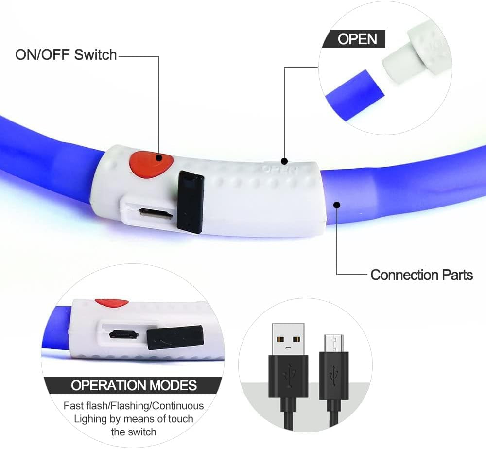 USB Rechargeable Blue LED Dog Collar Light - Silicone Flashing Neck Light for Camping