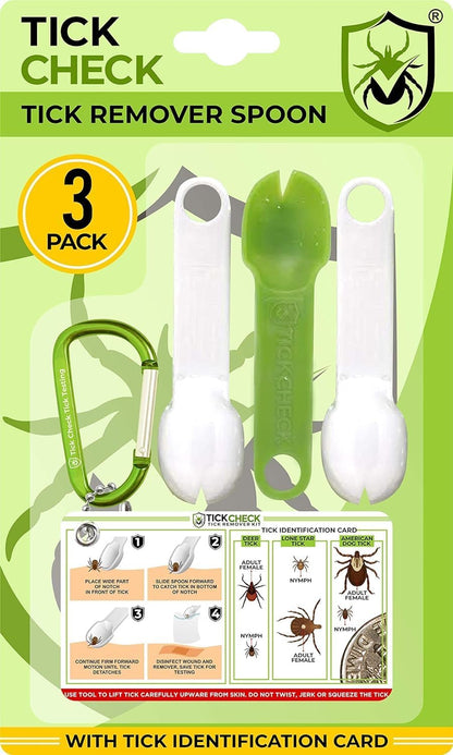 Tick Removal Tool Set - Three Lightweight Spoons with Complimentary Tick Identification Card and Carabiner