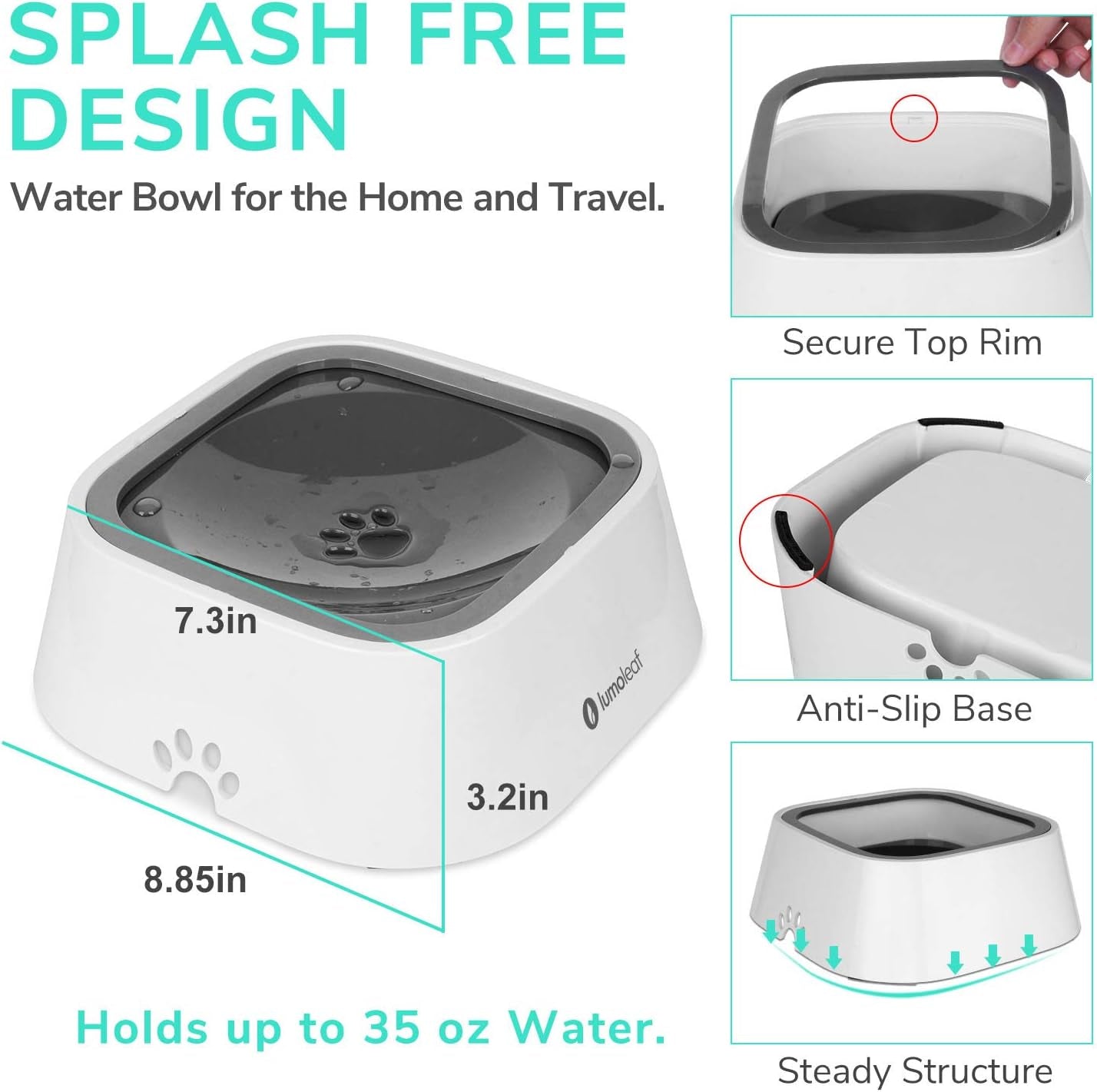 No-Spill Water Bowl for Dogs - Slow Feeder for Messy Drinkers, Drip-Free and Splash-Proof Design (Grey, 35oz)