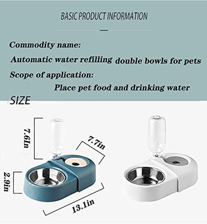 Double Dog Bowls with Automatic Water Dispenser for Small Dogs and Cats, Detachable and Stable Design (White)