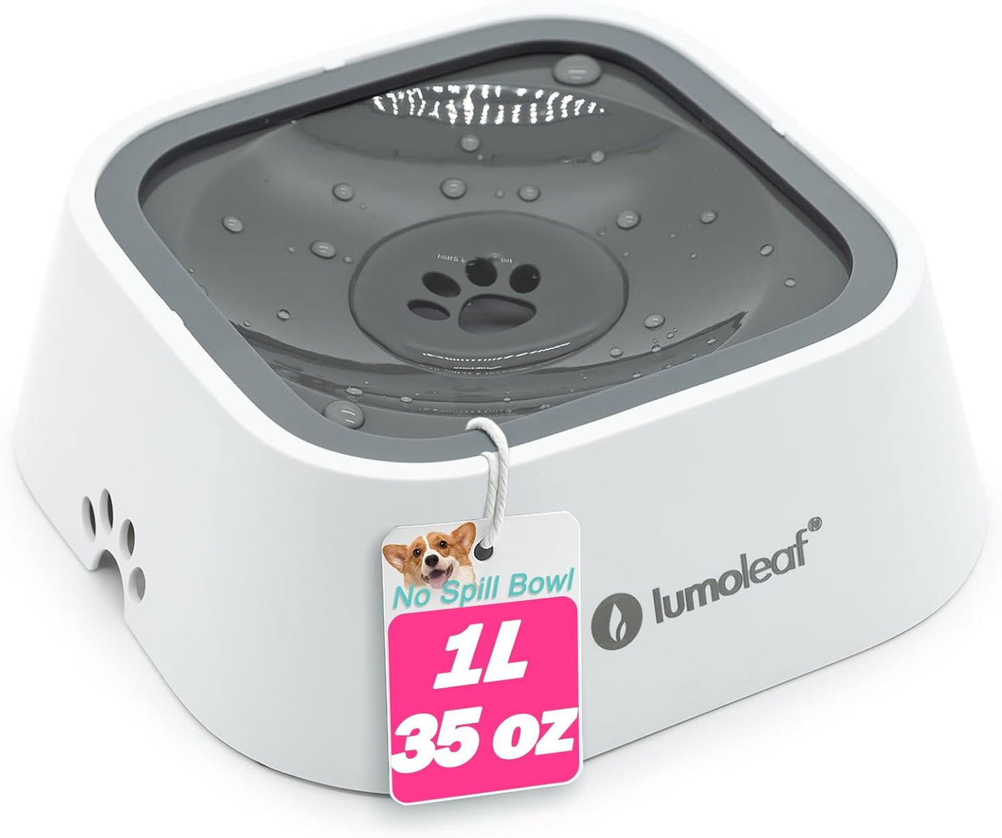 No-Spill Water Bowl for Dogs - Slow Feeder for Messy Drinkers, Drip-Free and Splash-Proof Design (Grey, 35oz)